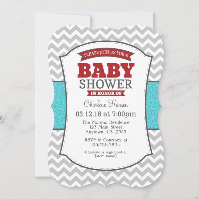 Turquoise Red Grey Chevron Baby shower Invitation (Devant)