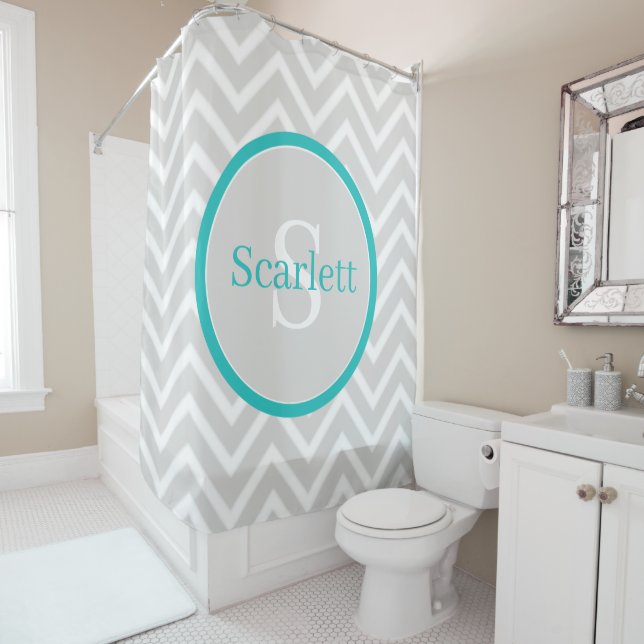 Turquoise rideau de douche Chevron Monogram (En situation)