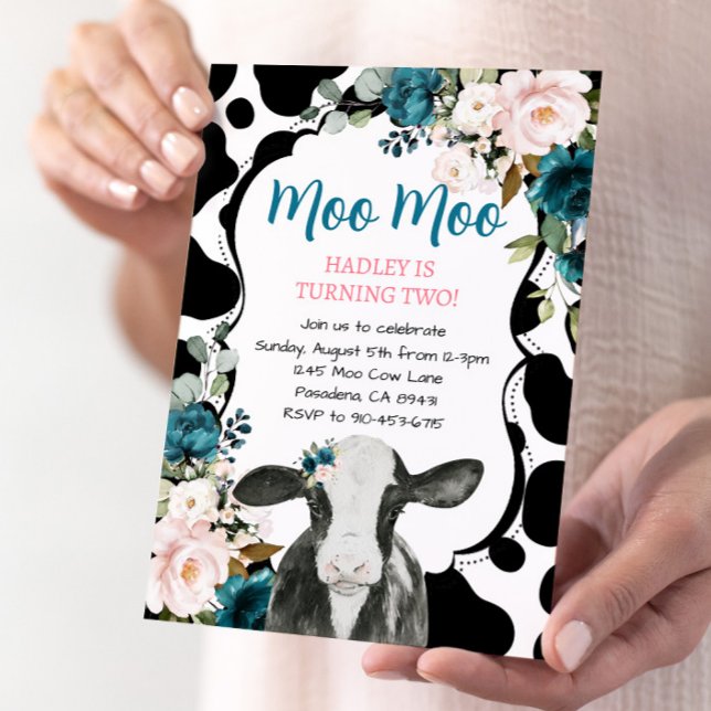 Turquoise Rose Floral Vache Farm Invitation Annive (Créateur téléchargé)