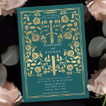 Turquoise Royal Médiéval Gold Faire-part de mariag<br><div class="desc">Donnez le ton à votre mariage d'imaginaire médiéval avec un design audacieux d'invitation : une épée d'or grandiose entourée de fleurs contre un arrière - plan turquoise. Parfait pour les couples rêvant d'une fête épique et romantique. Faites légendaire votre histoire d'amour dès le premier regard ! REMARQUE : l'or présenté...</div>