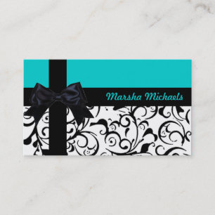 Turquoise ruban damassé noir cartes de visite pers