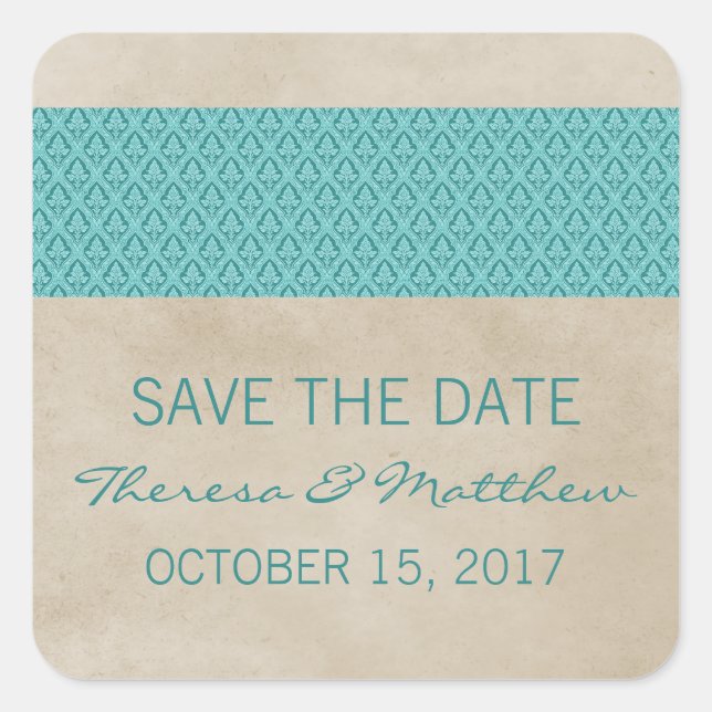 Turquoise Rustic Damask Enregistrer Stickers Date (Devant)