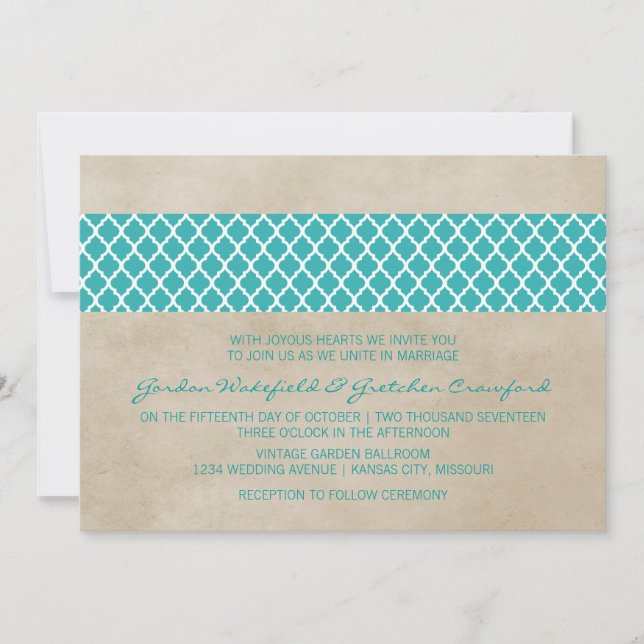 Turquoise Rustic Quatrefoil Mariage Invitation (Devant)