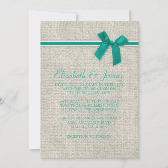 Turquoise Rustique Burlap Invitations de mariage (Devant)