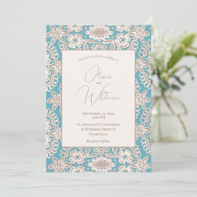 Turquoise Rustique dentelle Jaune Invitations Mari (Debout devant)