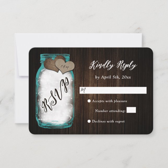Turquoise rustique Mason Jar Wood Wedding Carte RS (Devant)