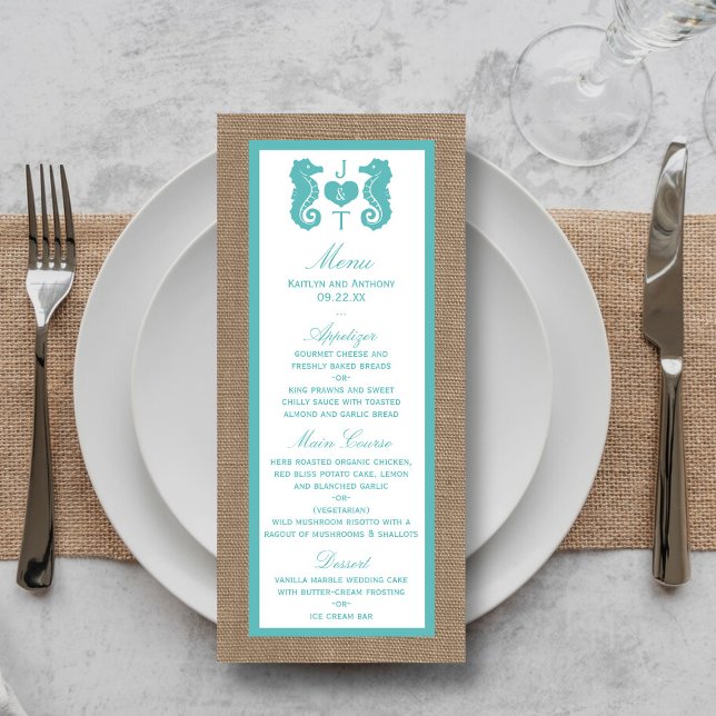 Turquoise Seahorse Burlap Beach Wedding Menu (Créateur téléchargé)