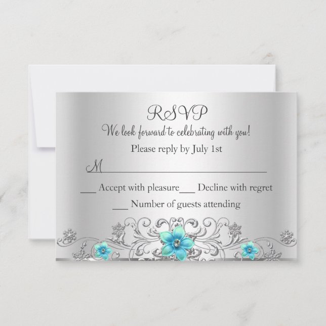 Turquoise Silver Floral Swirl RSVP (Devant)