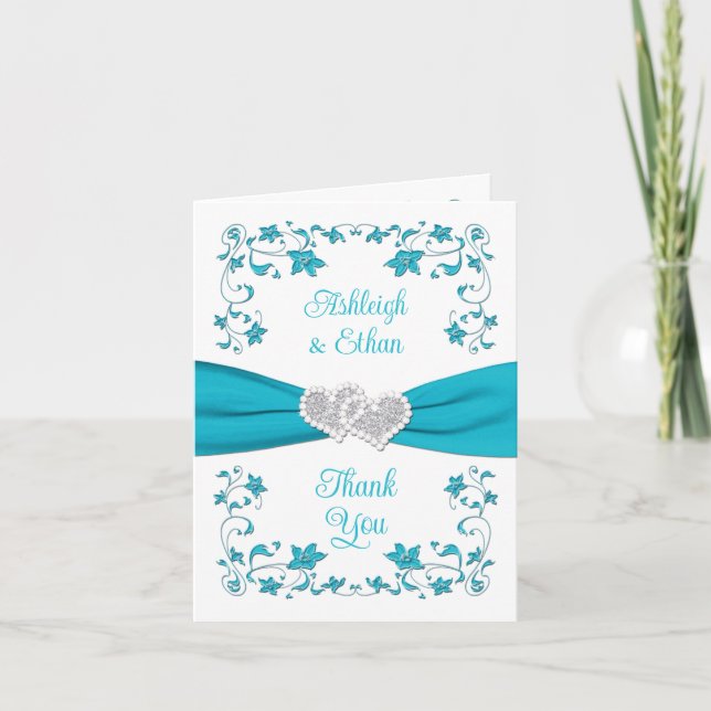 Turquoise, Silver Love Hearts Carte de remerciemen (Devant)
