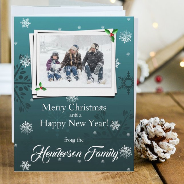 Turquoise Snowflakes Flat Holiday Carte photo (Teal Snowflakes Holiday Photo Card)