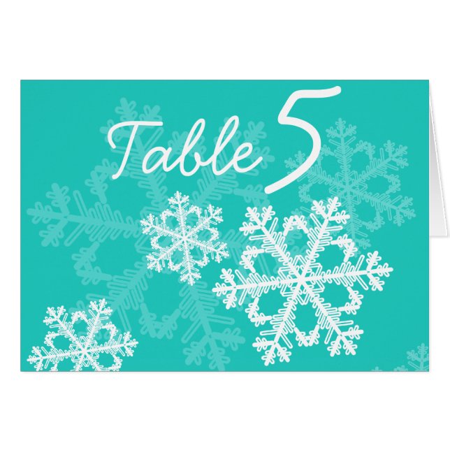 Turquoise Snowflakes Noël Numéro de table Carte (Devant horizontal)