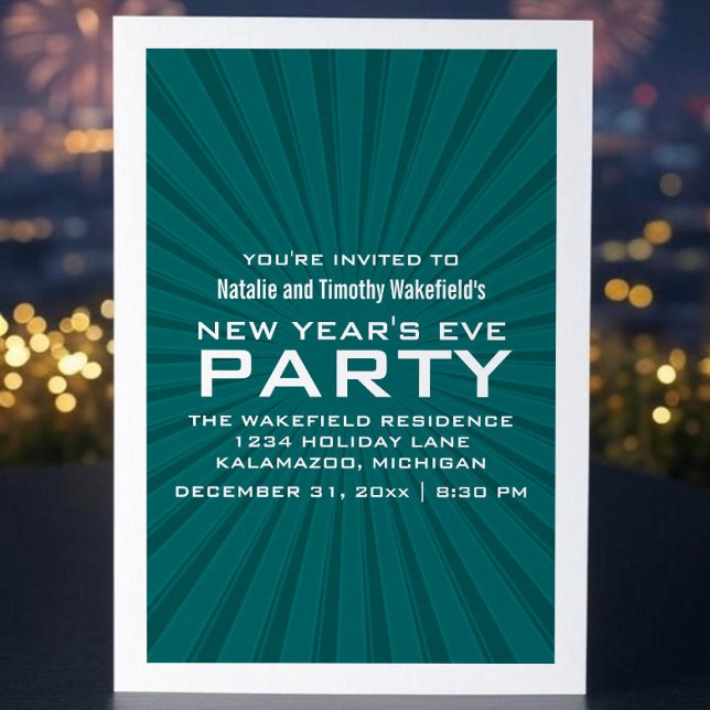 Turquoise Starburst Stripes Invitation de la fête  (Teal Starburst Stripes New Years Party Invite)