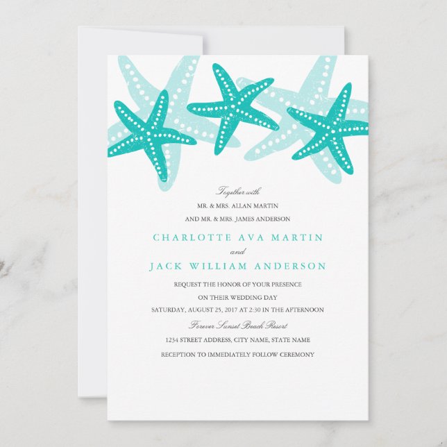 Turquoise Starfish Beach Wedding Invitation (Devant)