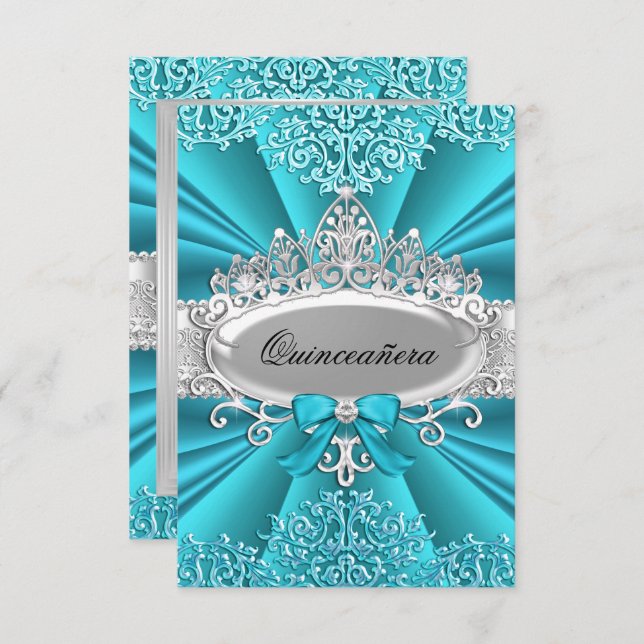 Turquoise Tiara Damask Quinceanera Invitation du p (Devant / Derrière)