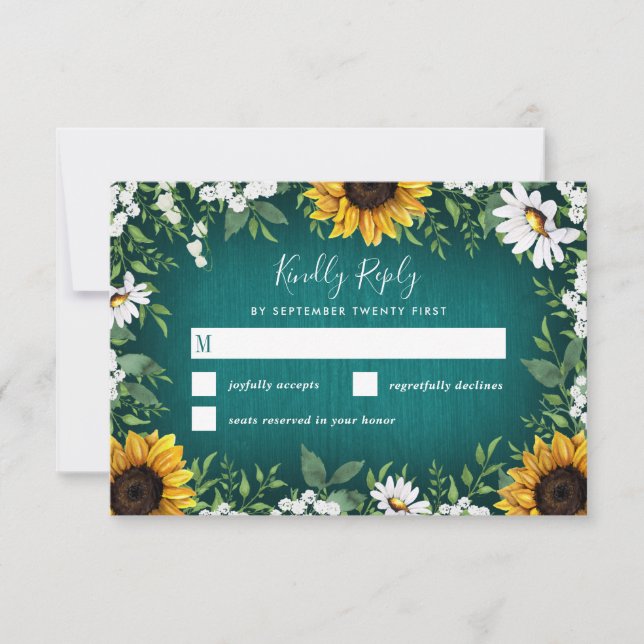 Turquoise Tournesol Pays Mariage rustique Cartes R (Devant)