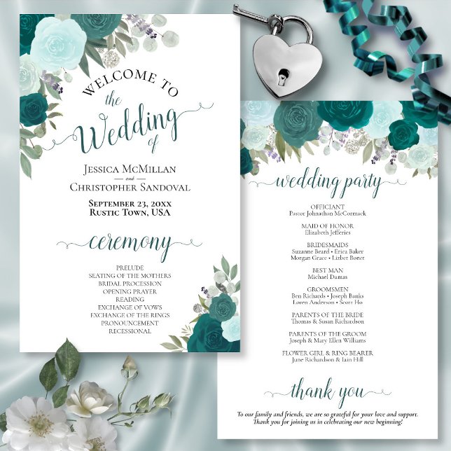 Turquoise & Turquoise Floral Budget Wedding Progra (In Situ Front and Back)
