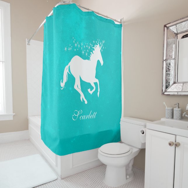 Turquoise Unicorne rideau de douche personnalisée (En situation)