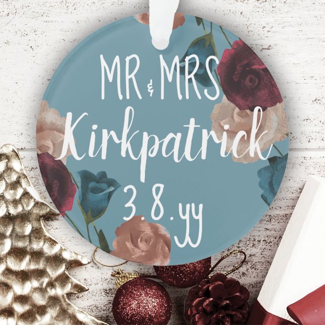 Turquoise Vert Beige Bourgogne Mariage Rose Noël (Newlywed Gift, Tree Ornament, Botanical Teal Green Burgundy Roses First Christmas, Bride and Groom)