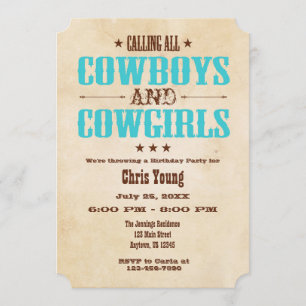 Turquoise Vintage Cowboy Invitation d'anniversaire