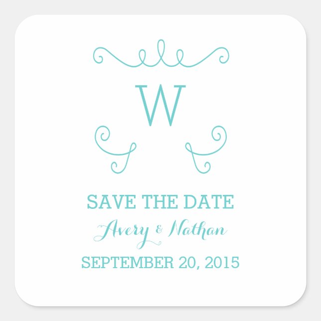 Turquoise Whimsical Flourish Save Date Stickers (Devant)