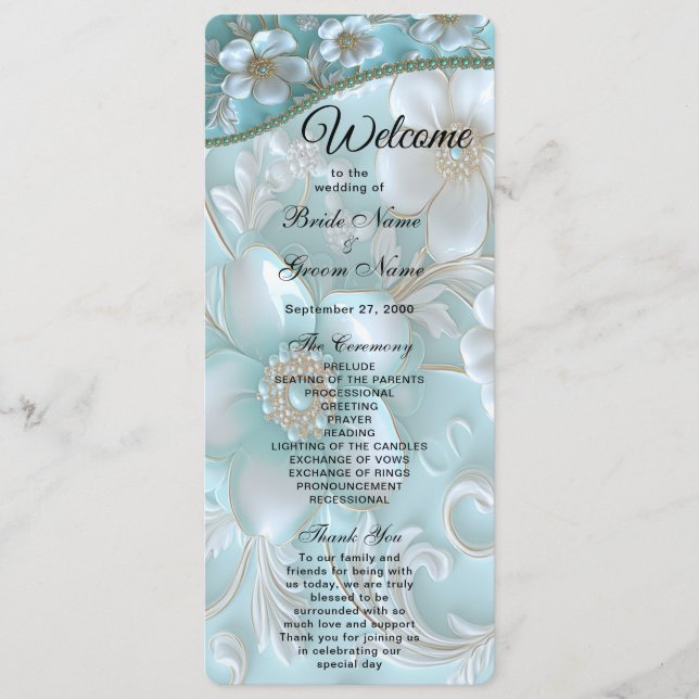 Turquoise White Floral Wedding Programme