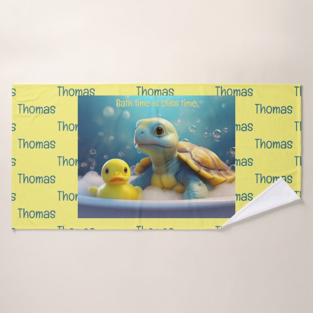 Turtle and Rubber Duck in the Bath Custom Text (Serviette de bain)