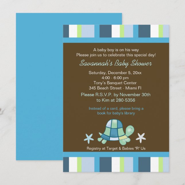 Turtle Bay Stripes Baby shower garçon Invitation (Devant / Derrière)