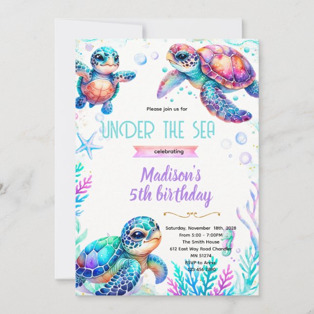 Turtle girl party theme invitation (Devant)