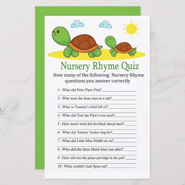 Turtle Nursery Rhyme Quiz jeu de baby shower (Devant / Derrière)