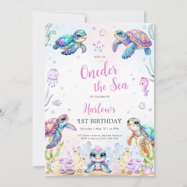 Turtle Oneder The Sea 1st Birthday Invitation (Devant)