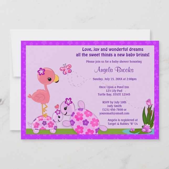 TURTTLE Baby shower Invitation PURPLE Flamant rose (Devant)