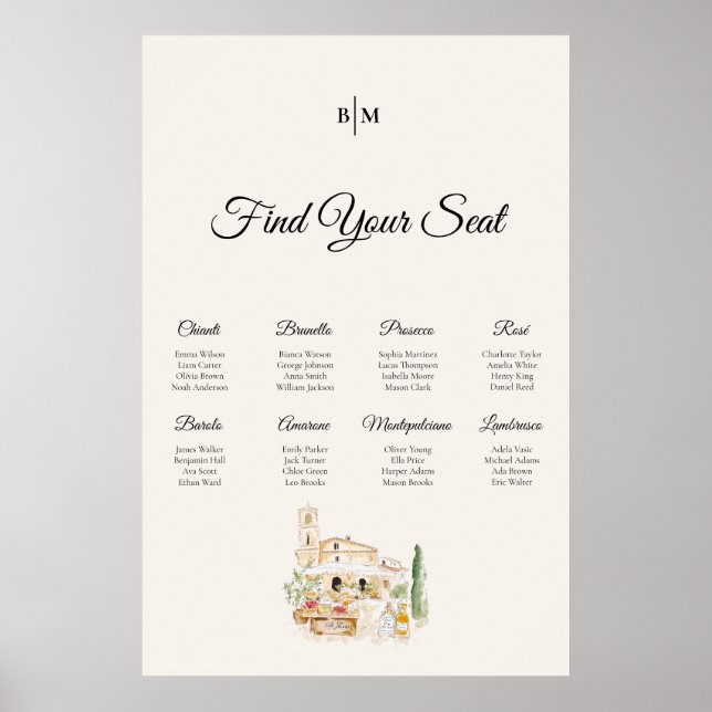 Tuscany Wine Table Wedding Seating Chart Poster (Devant)