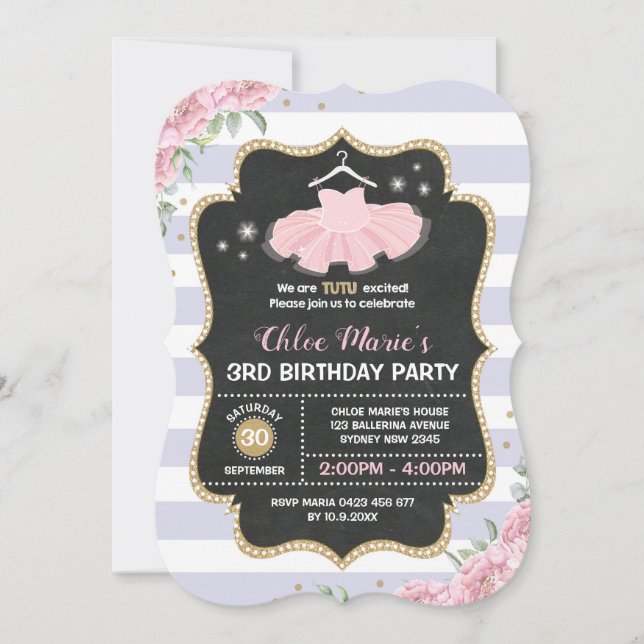 Tutu Ballerina Purple Gold Floral Invitation d'ann (Devant)