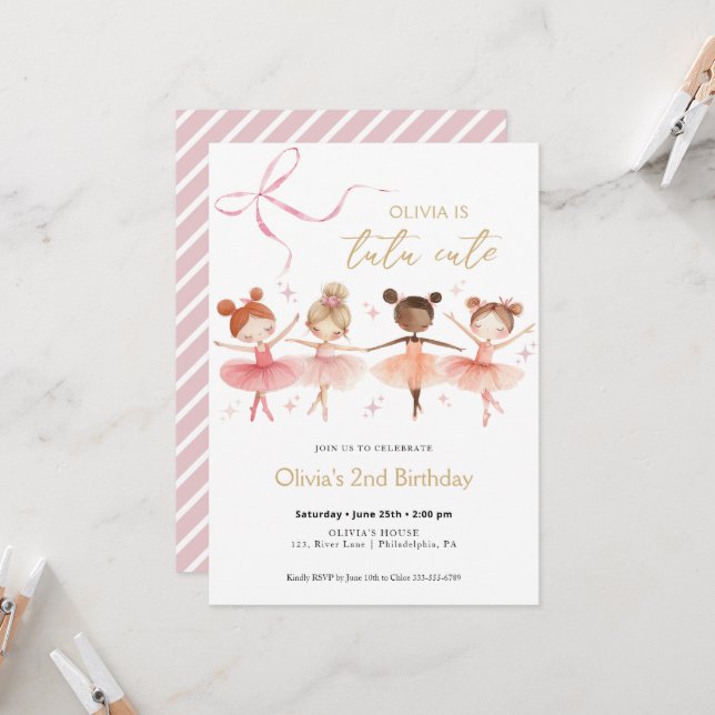 Tutu Cute Anniversaire Ballerina Invitation (Devant/Arrière en situation)
