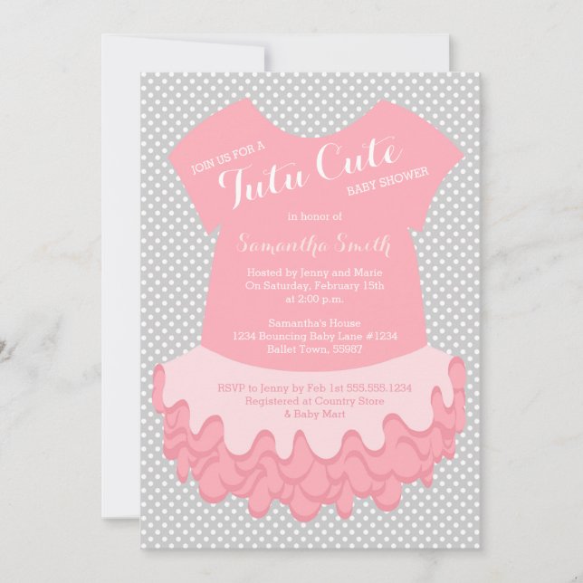 Tutu Cute Baby shower Invitation rose et gris (Devant)