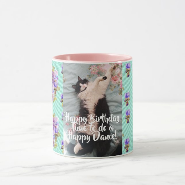 Tuxedo Cat Funny Happy Dance Anniversaire Mug Aqua (Centre)