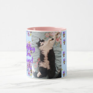 Tuxedo Cat Funny Happy Dance Anniversaire Mug Blue