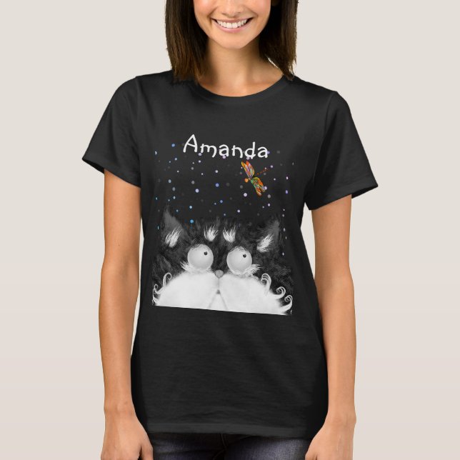 Tuxedo Cat surpris par le T-shirt Dragonfly (Dark) (Devant)