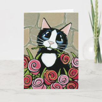 Tuxedo Chat avec carte de voeux rouge et rose Rose