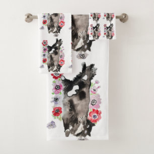 Tuxedo Chat Cute Jolie Fleurs Chats Aquarelle