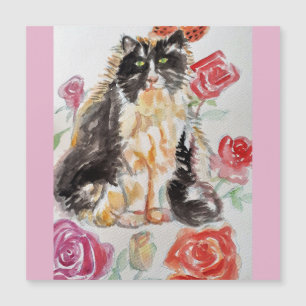 Tuxedo Chat Cute Rose Fleurs Chats Aquarelle Rose