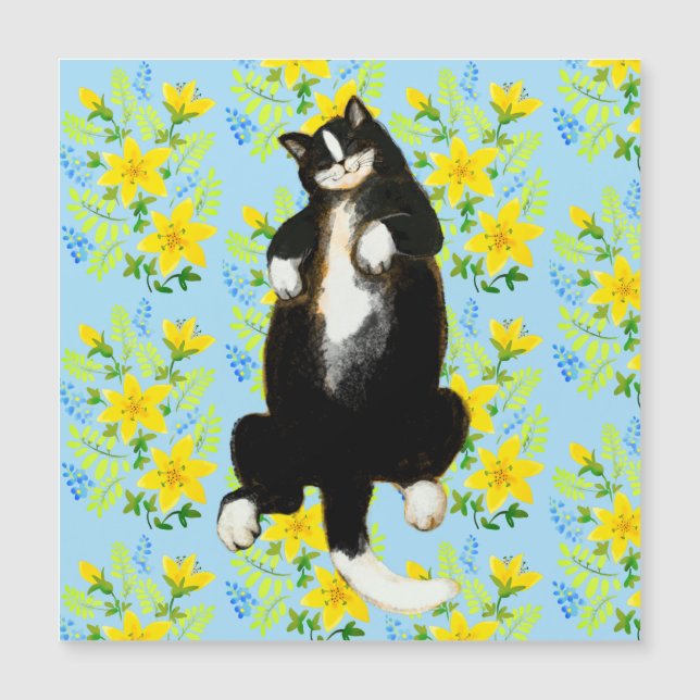 Tuxedo chat Dormir sur le lit à fleurs (Devant)