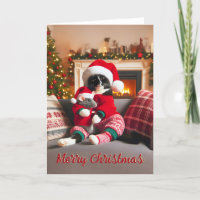 Tuxedo Chat tenant une carte de Noël