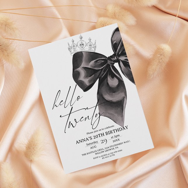 Twenty Black Bow 20th Birthday Invitation (Créateur téléchargé)