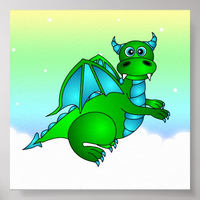 Twilight Flight - Cute Green & Blue Dragon Poster (Devant)