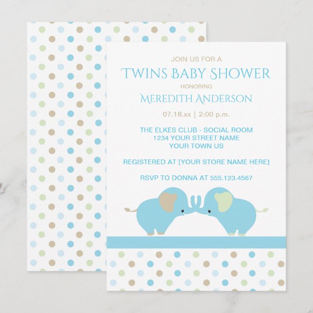 Twin Baby Boy Elephants Baby Shower Invitations (Devant / Derrière)