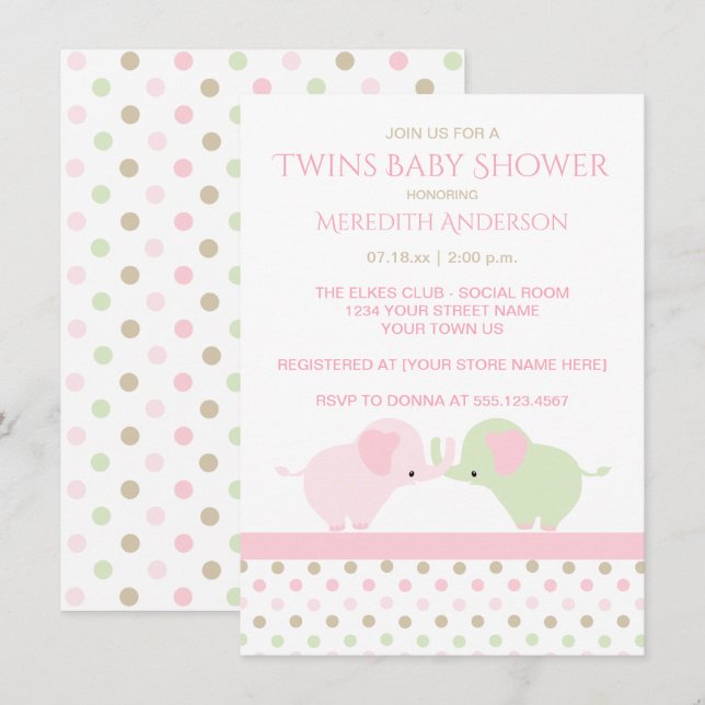 Twin Baby Girl Elephants Baby Shower Invitations (Devant / Derrière)