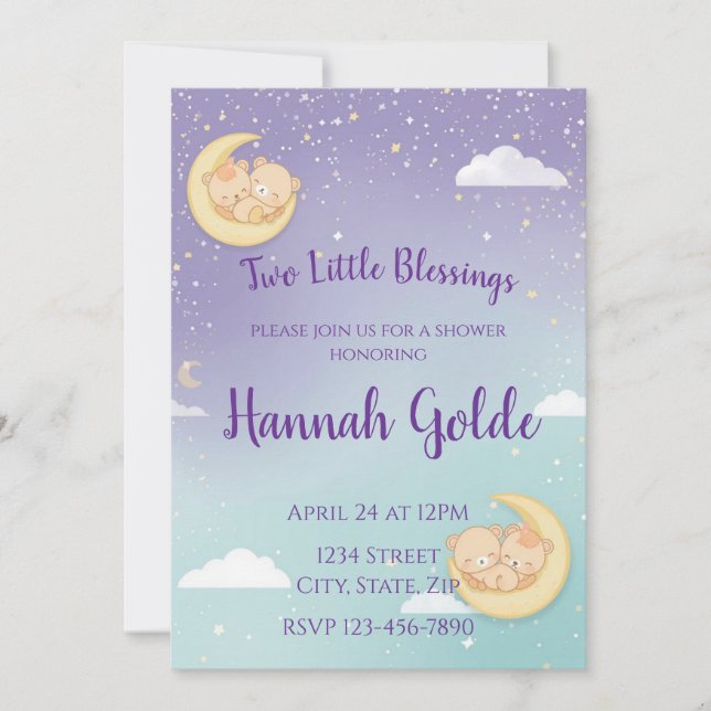 Twin Baby Shower Invitation Sleeping Animals Moon (Devant)
