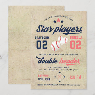 Twin Baseball Anniversaire Invitation Garçon Fille