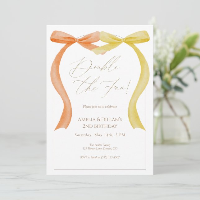 Twin Birthday Invitation Double the Fun Watercolor (Debout devant)
